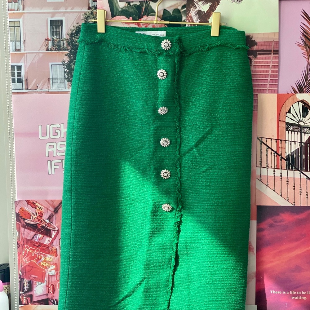 Green Tweed Skirt with Rhinestones